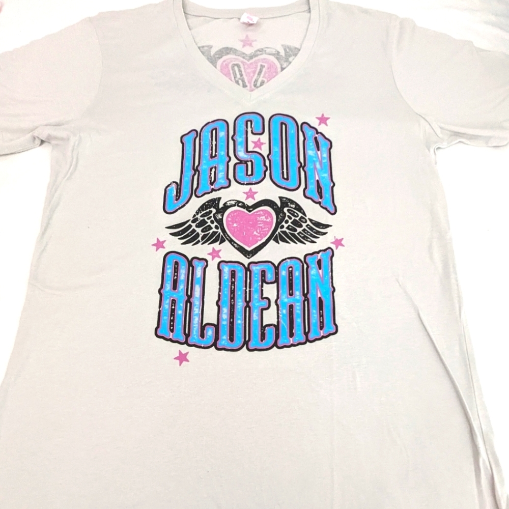 Jason Aldean 08 Woman's Tshirt - Pink and Blue   Hearts & Angel Wings Large